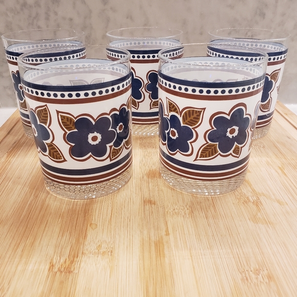 5 Vintage MCM - Rocks Glasses with Navy Flower and Brown Leaves - Picture 2 of 6